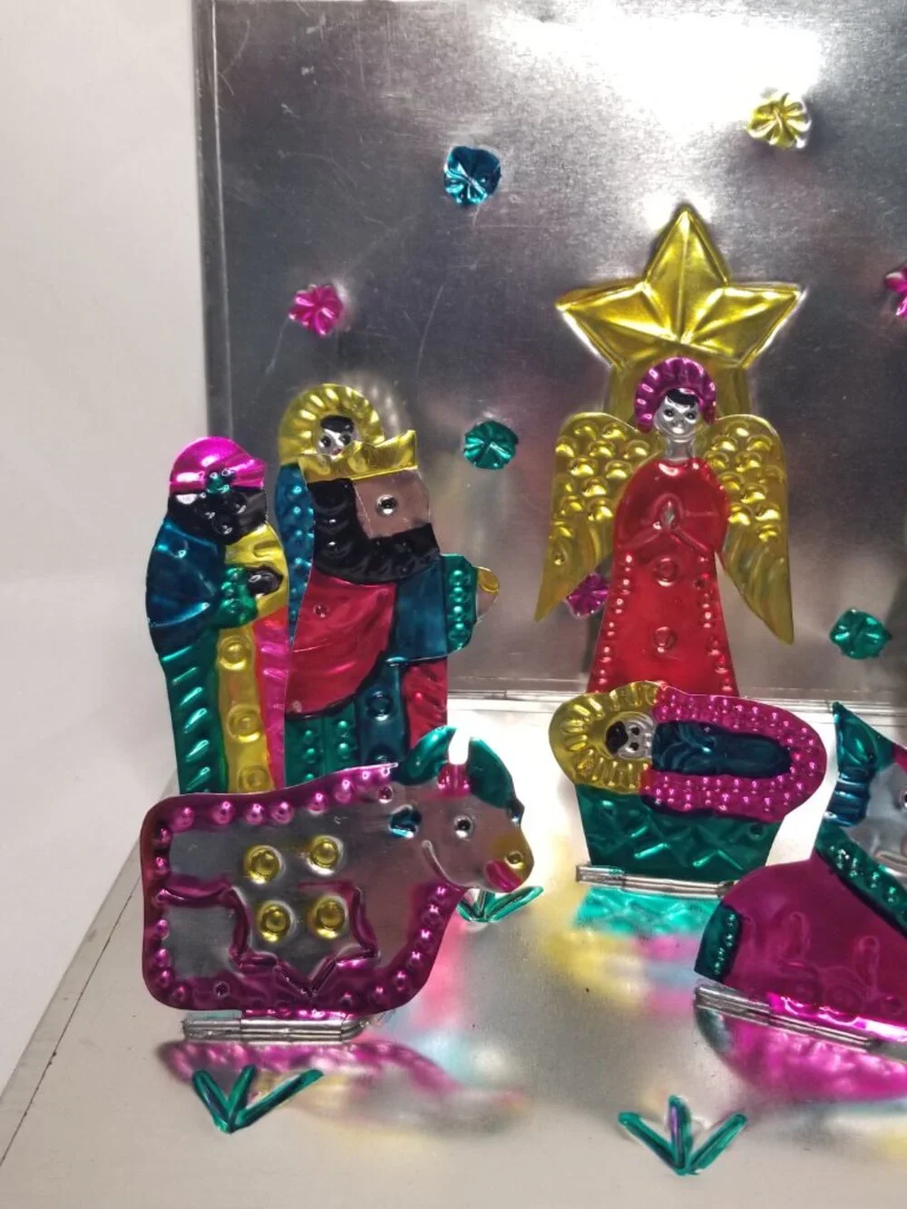 Mexican Folk Art Punched Tin Folding Pop Up Nativity Scene Hand Painted Display